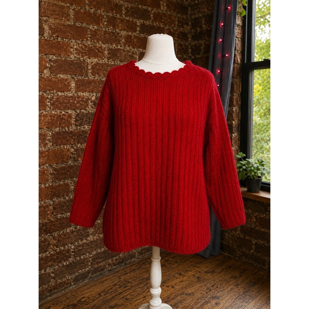 Gap Vintage Red Lambswool Angora Ribbed Scalloped Sweater L Fall Holiday Thick